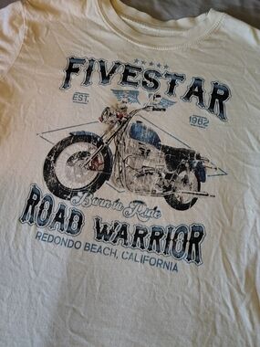 Five Star Men's Cream Graphic Tee Blue and Black Motorcycle Print T-shirt Small